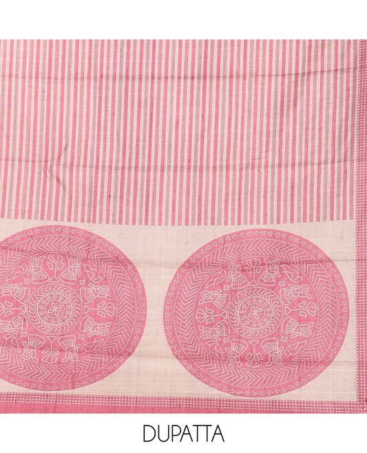 Pink semi-tussar material chudidar set, stripes & bandhani-style dotted motifs printed top & dupatta with heathered bottom