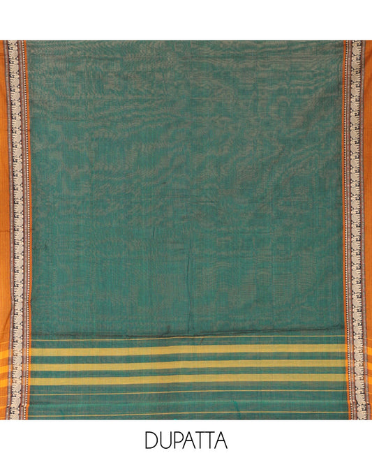 Green Mercerised Cotton Material Churidar Set, Subtly Woven Plain with Contrast Traditional Elephant Motif Bordered Top, a Plain Santoon Bottom, and Paired with a Mercerised Cotton Dupatta
