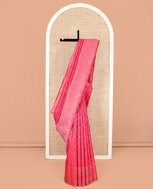 Pink Kanchipuram Wedding Silk Saree, Ornamented with Floral Jacquard, a Zari Geometric Pattern Border, Diagonally Striped Pallu, and a Matching Blouse