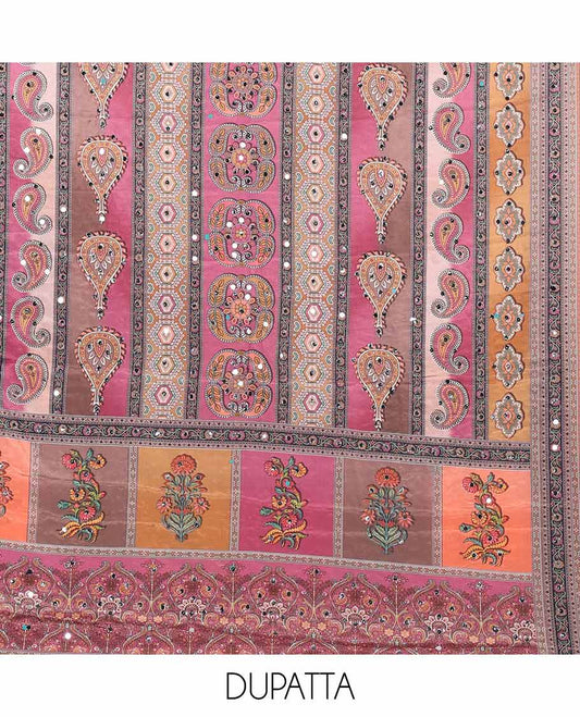 Onion pink shifli sequins work, swarovski stone, moti work georgette chudidhar material top with american crepe pant & chinnon material digital print , mirror work dupatta