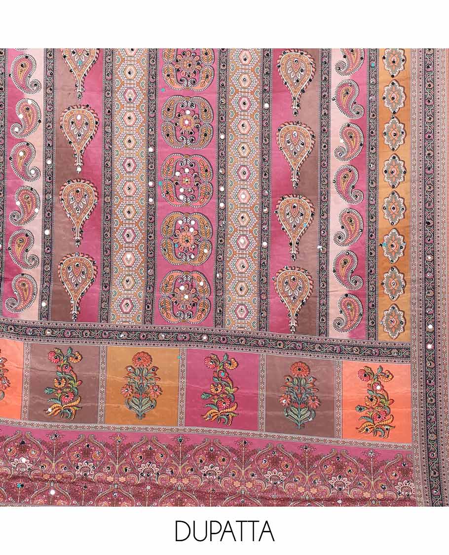 Onion pink shifli sequins work, swarovski stone, moti work georgette chudidhar material top with american crepe pant & chinnon material digital print , mirror work dupatta