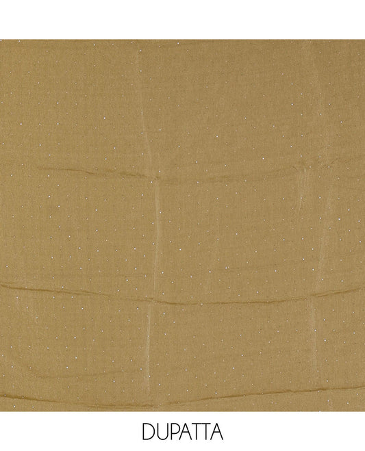 Green material chudidar set, stone work moss organza top, a matching bottom, and scallop stone work moss organza dupatta