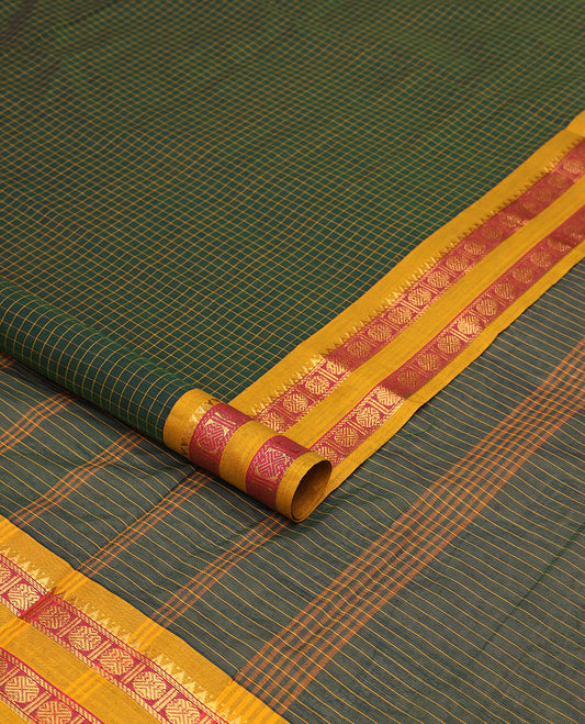 Green checked nine yards cotton saree with traditional zari design border & checked pallu