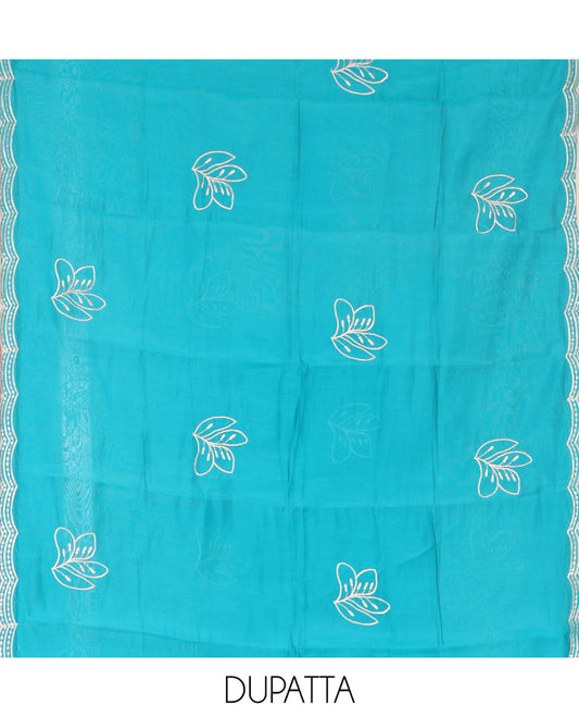 Blue Mul Chanderi Designer Material Chudidar Set, Meticulously Woven with Big Floral Motifs Embroidered On Its Top, A Plain Santoon Bottom, and Paired with a Mul Chanderi Scallop Thread Embroidered Dupatta