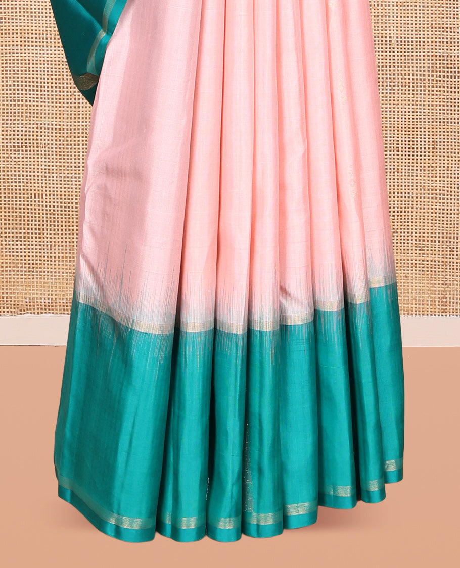 Peach Kanchipuram Silk Saree, Sparsely Woven with Buttas, Complemented by a Contrast Thazampoo Rekku Border, Chevron Striped Pallu, and a Contrast Blouse