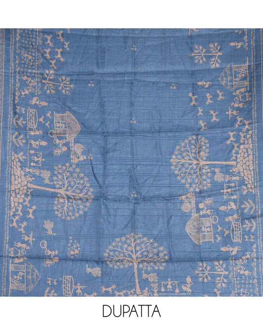 Chikku-blue material churidar set, warli tribe village theme print with mirror work semi-tussar top, plain bottom, and warli tribe village theme print semi-tussar dupatta