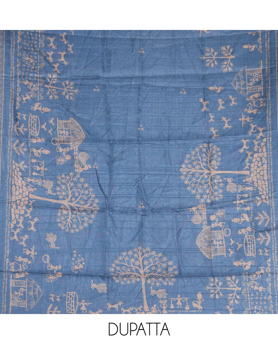 Chikku-blue material churidar set, warli tribe village theme print with mirror work semi-tussar top, plain bottom, and warli tribe village theme print semi-tussar dupatta