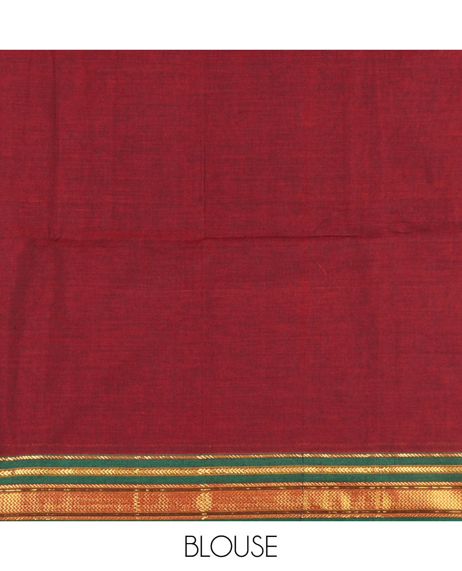 Maroon half-saree, plain with contrast traditional zari border skirt, matching zari bordered blouse, and contrast plain zari border dhavani