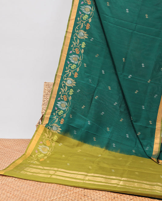 Green floral design uppada silk saree with contrast zari border & striped, floral zari design pallu