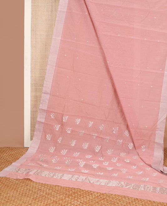 Pastel red floral motifs chanderi cotton saree with contrast border & striped, floral design pallu