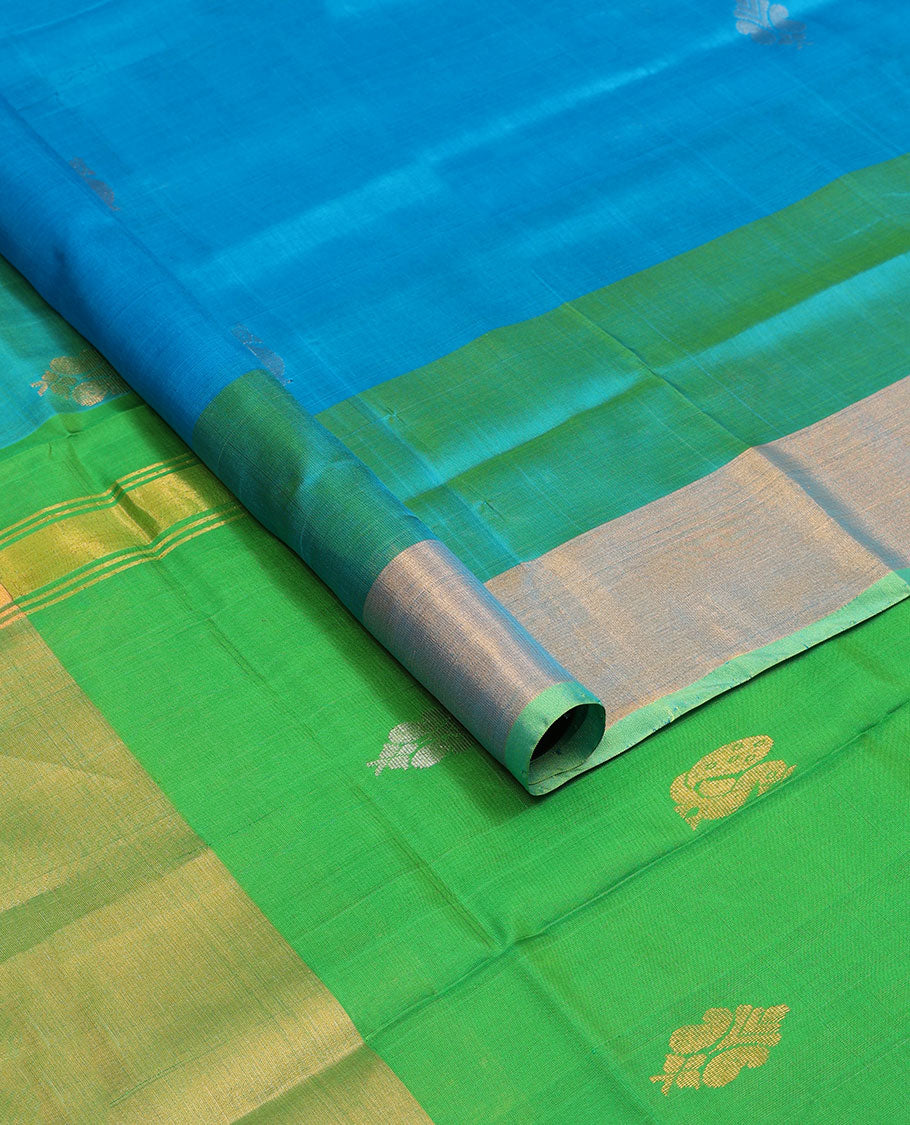 Blue floral motifs uppada saree with contrast zari design border & striped, floral design pallu