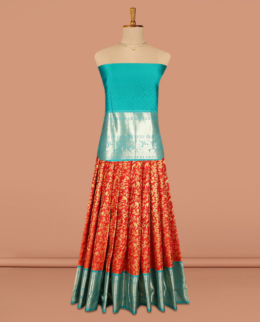 Red Jacquard Art Silk Pavadai Material, Bedecked with Contrast Traditional Border, a Contrast Blouse
