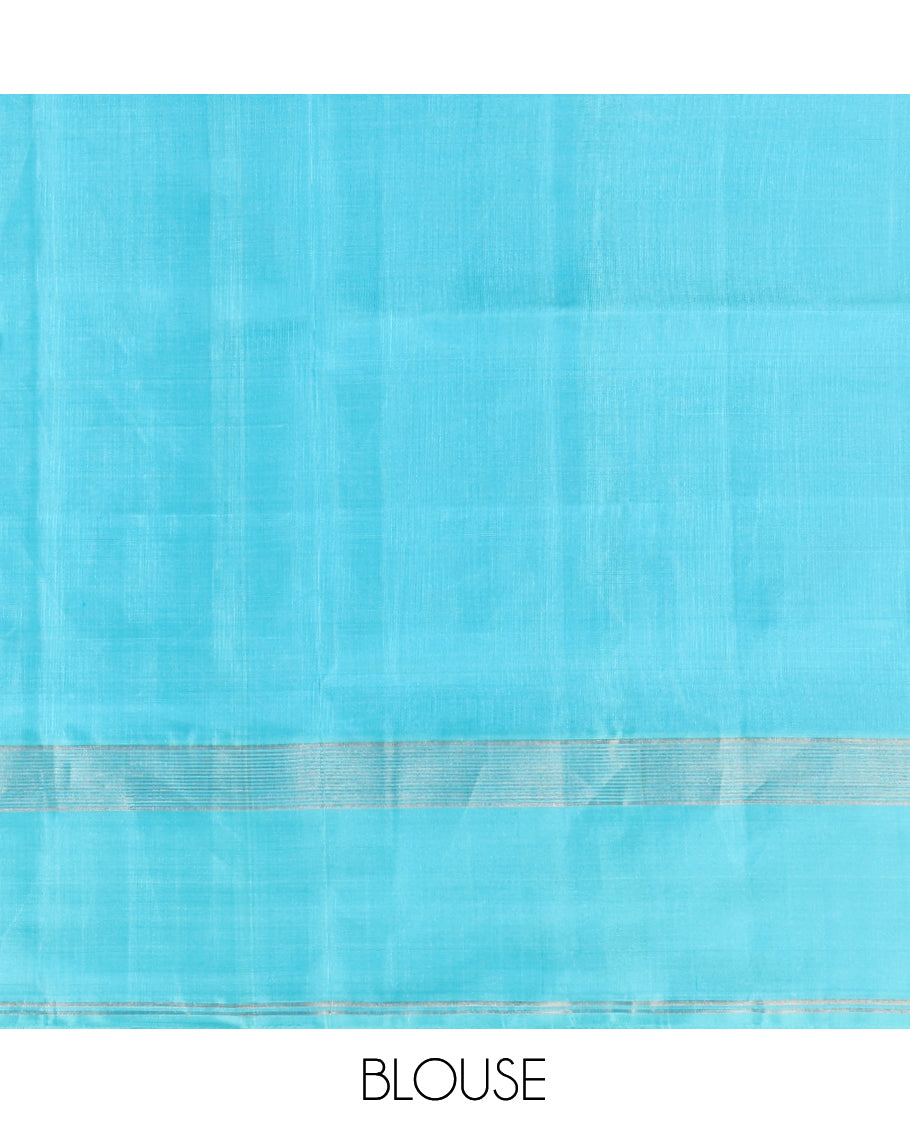 Blue Mayuri Soft Silk Saree, Embellished with Zari Stripes, Complemented by a Contrast Border, Pallu of Floral Jaal Design, and a Contrast Blouse