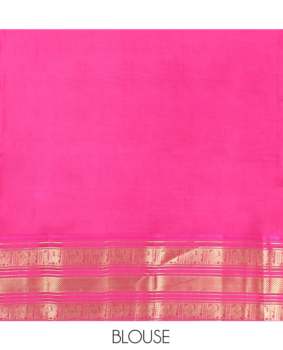 Red Kanchipuram Silk Saree, Opulently Embellished with Mayil Buttas on Its Body, Complemented by Contrast Border of Kathir, and Mayil Designs, Pallu Depicting Mayil Kann Designs, and Paired with a Contrast Blouse