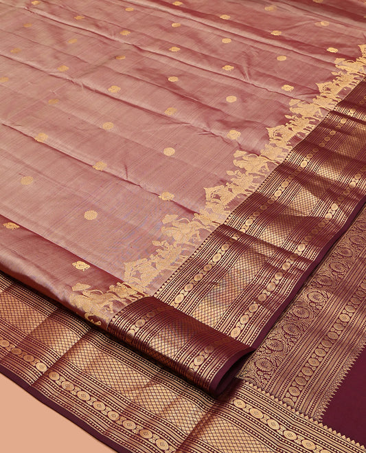 Pink Vasundhara Silk Saree, Delicately Woven with Mayil-Chakram Buttas, a Contrast Traditional Border of Wedding-Themed Designs, Grand Pallu, and a Contrast Blouse