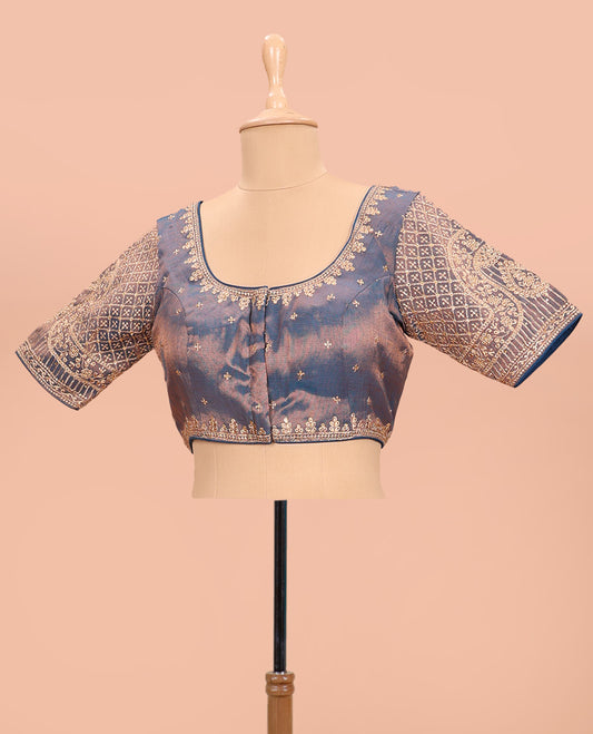 Blue embroidered round neck with elbow sleeve shimmer blouse