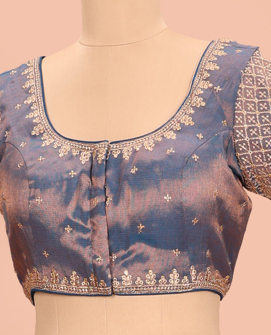 Blue embroidered round neck with elbow sleeve shimmer blouse