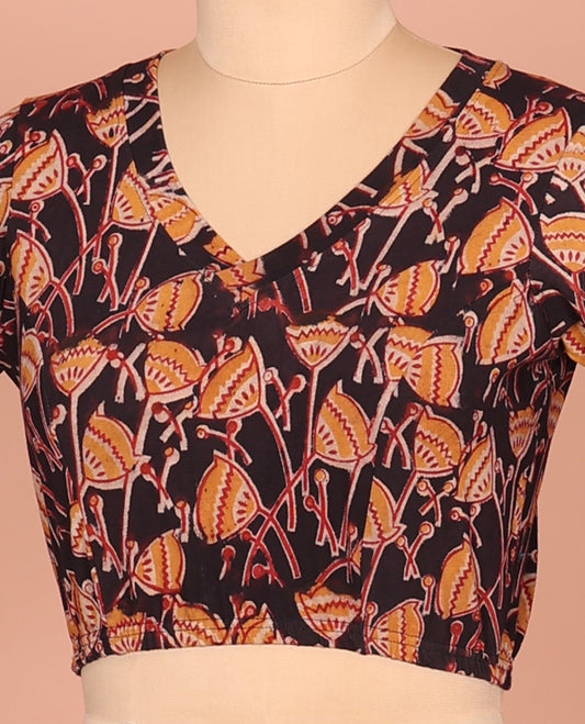 Multi-color Cotton Readymade Blouse Enlivened with All-Over Floral Motifs Print, Featuring a Front Leaf-Neck, a Closed Back-Neck, and Elbow Sleeves