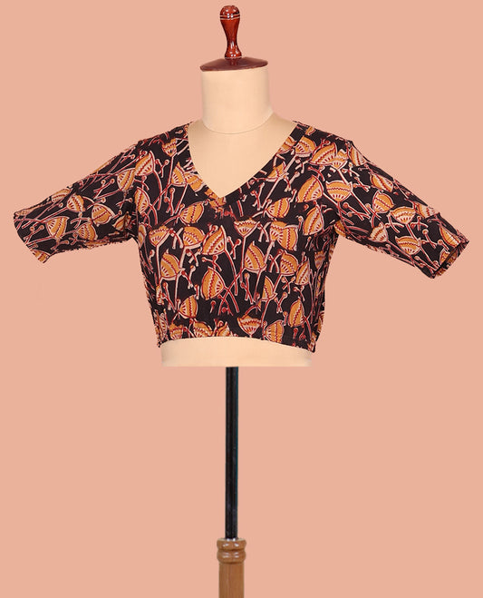 Multi-color Cotton Readymade Blouse Enlivened with All-Over Floral Motifs Print, Featuring a Front Leaf-Neck, a Closed Back-Neck, and Elbow Sleeves