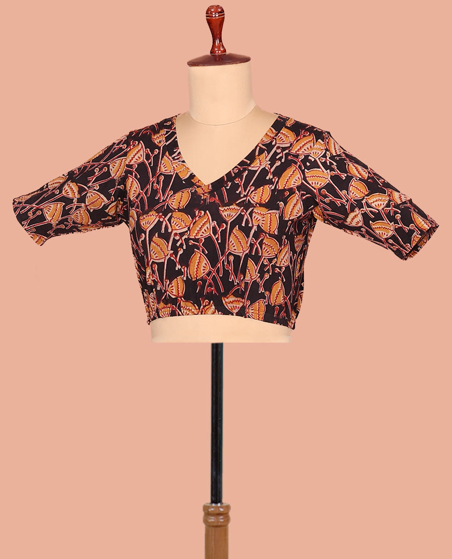 Multi-color Cotton Readymade Blouse Enlivened with All-Over Floral Motifs Print, Featuring a Front Leaf-Neck, a Closed Back-Neck, and Elbow Sleeves