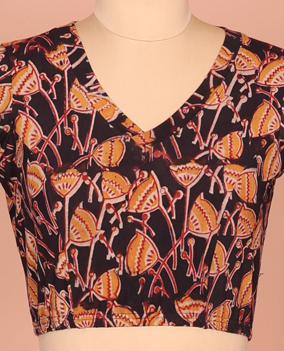 Multi-color Cotton Readymade Blouse Enlivened with All-Over Floral Motifs Print, Featuring a Front Leaf-Neck, a Closed Back-Neck, and Elbow Sleeves