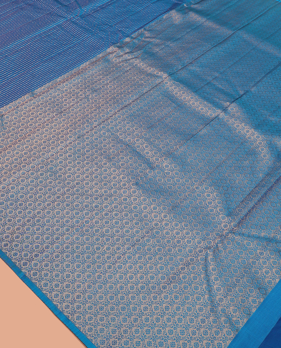 Blue zari striped Vasundhara silk mix saree, zari border of round motifs, and pallu of intricate designs