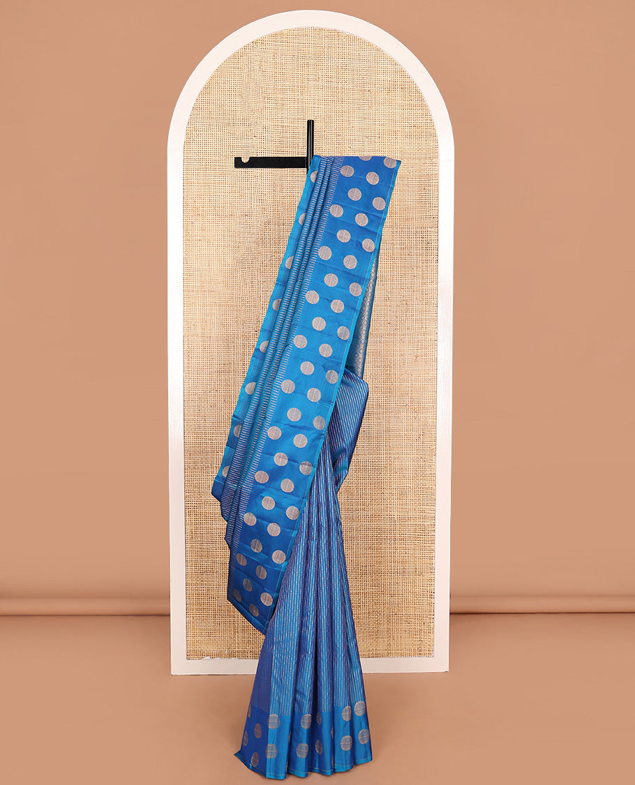 Blue zari striped Vasundhara silk mix saree, zari border of round motifs, and pallu of intricate designs