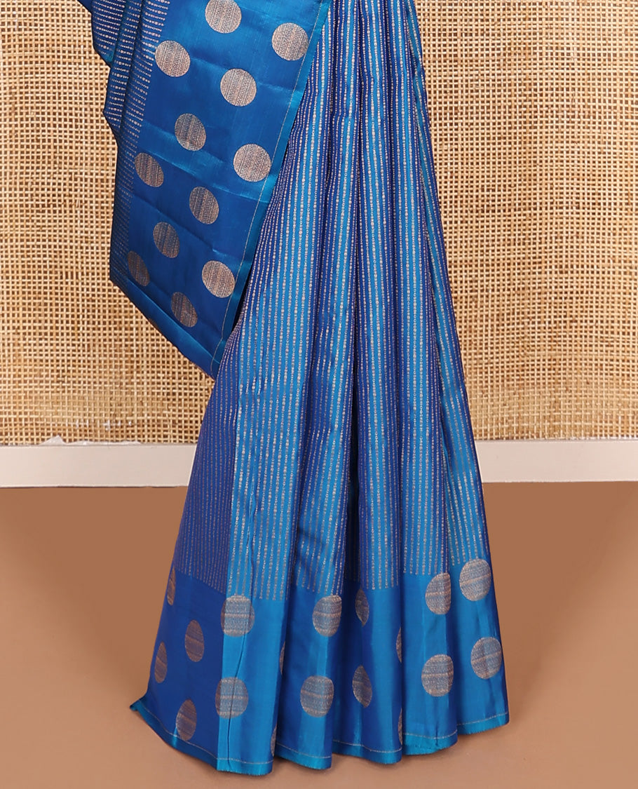Blue zari striped Vasundhara silk mix saree, zari border of round motifs, and pallu of intricate designs