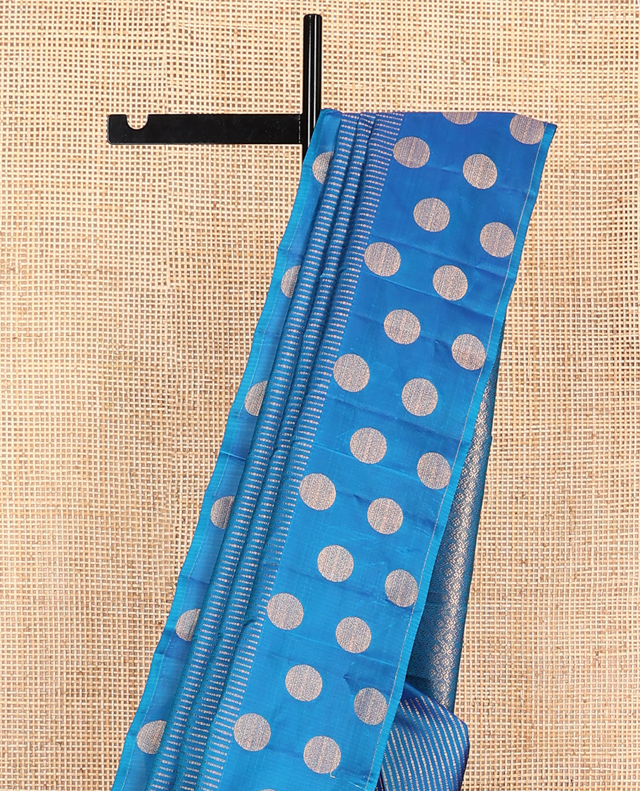 Blue zari striped Vasundhara silk mix saree, zari border of round motifs, and pallu of intricate designs