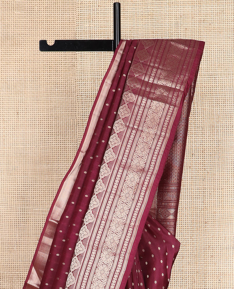 Maroon zari buttas vasundhara silk mix saree, intricate pallu & zari border of muthu,kathir,rudraksham & geometric designs