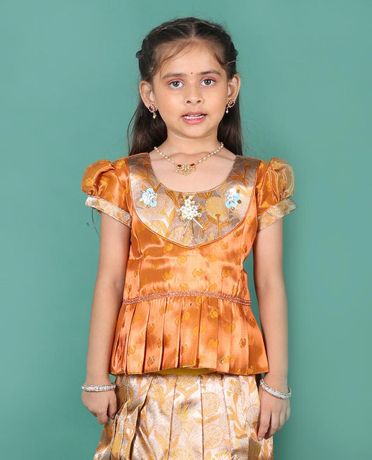 Grey art silk readymade pavadai set, floral jacquard with contrast traditional zari border skirt, contrast embroidered puff-sleeve blouse