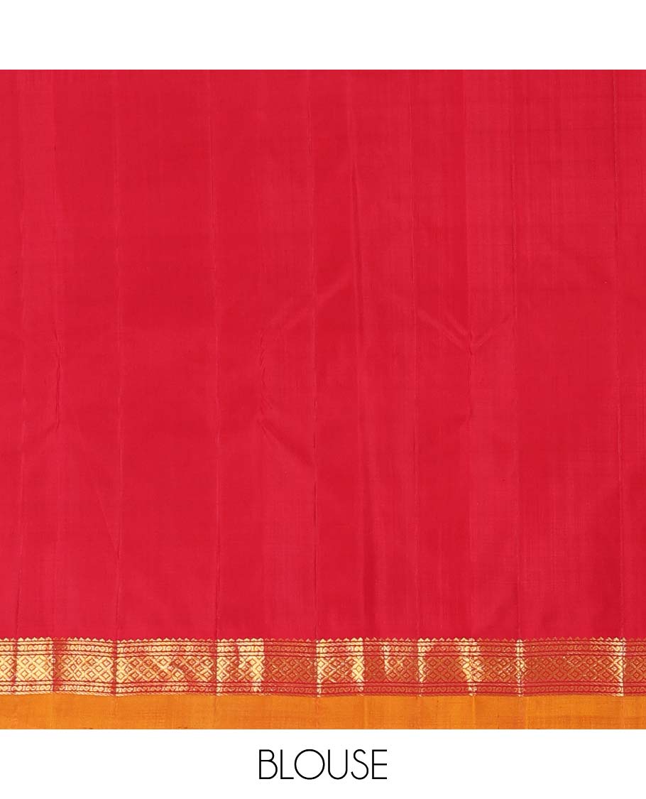 Magenta malli mokku buttas Kanchipuram silk saree, contrast border of rekku, banaras, and mayil kann designs, and traditional design pallu