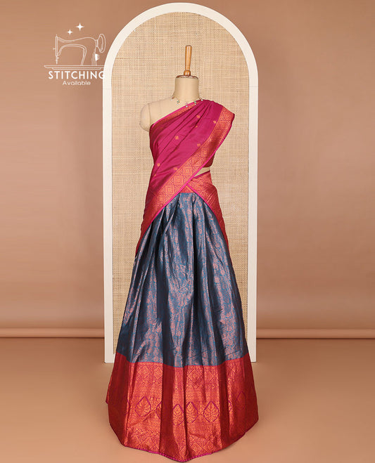 Red floral jacquard  art silk half saree with contrast zari border,  jaal design blouse & floral zari design dhavani