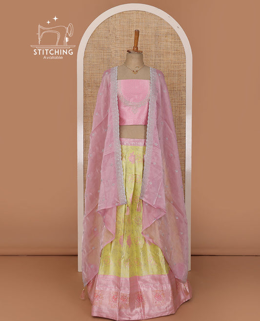 Yellow lehenga set, meenakari-style floral jacquard & contrast zari border skirt, jacquard embroidered blouse & embroidered scallop border dhavani with belt