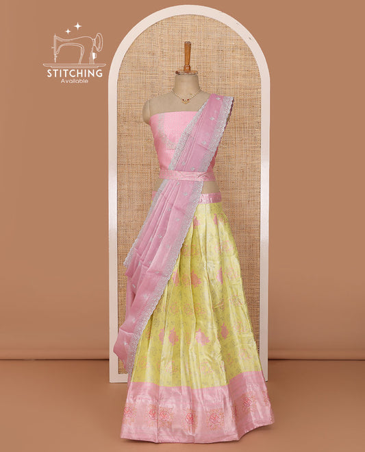 Yellow lehenga set, meenakari-style floral jacquard & contrast zari border skirt, jacquard embroidered blouse & embroidered scallop border dhavani with belt