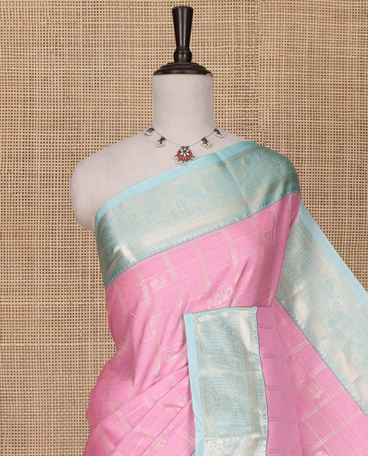 Pink Budget Silk Saree, Woven with Peacock-Elephant Butta Enclosed Checks on Its Body, Complemented by a Contrast Traditional Zari Design Border, Sparsely Sparkled Pallu, and Paired with a Contrast Blouse