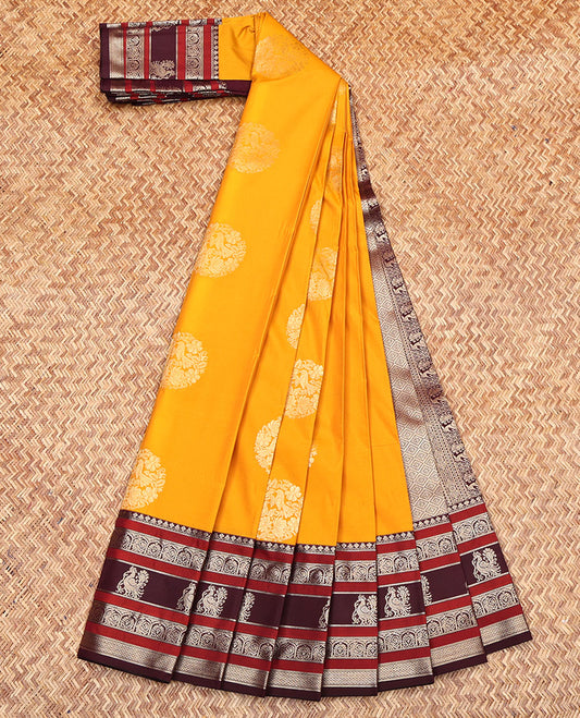 Yellow Budget Silk Saree, Dazzled with Zari Buttas All Over Its Body, Complemented by a Contrast Traditional Zari Design Border, Grand Jaal Pallu, and Paired with a Contrast Blouse