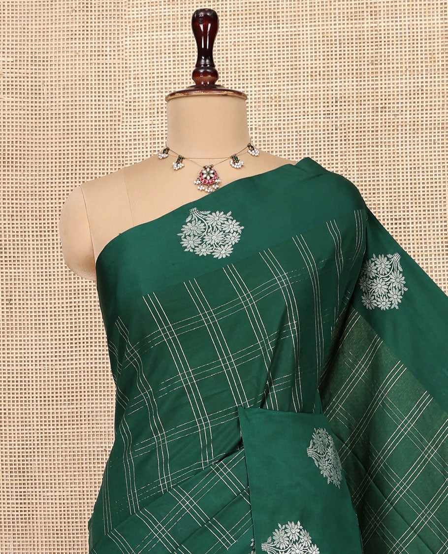 Green Assam Silk Saree, Finely Crafted with Zari Checks, Highlighted by a Floral Zari Border, Intricate Pallu, and a Matching Blouse
