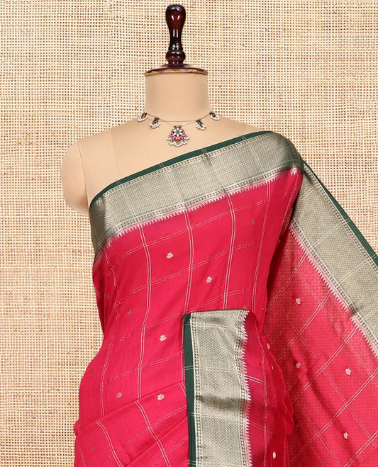 Pink Assam Silk Saree, Beautified with Zari Butta Enclosed Checks, Complemented by a Contrast Zari Buttas Woven Border, Zari-Striped Pallu, and a Contrast Blouse