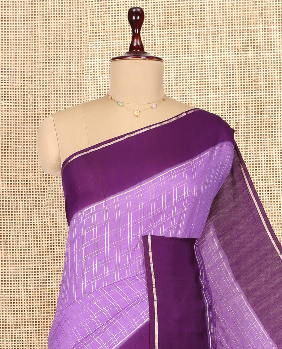 Lavender Assam Silk Saree, Showcasing Zari Checks, Complemented by Contrast Zari Border,  Zari Woven Pallu, and Contrast Blouse