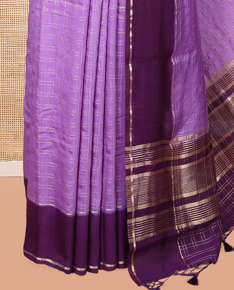 Lavender Assam Silk Saree, Showcasing Zari Checks, Complemented by Contrast Zari Border,  Zari Woven Pallu, and Contrast Blouse