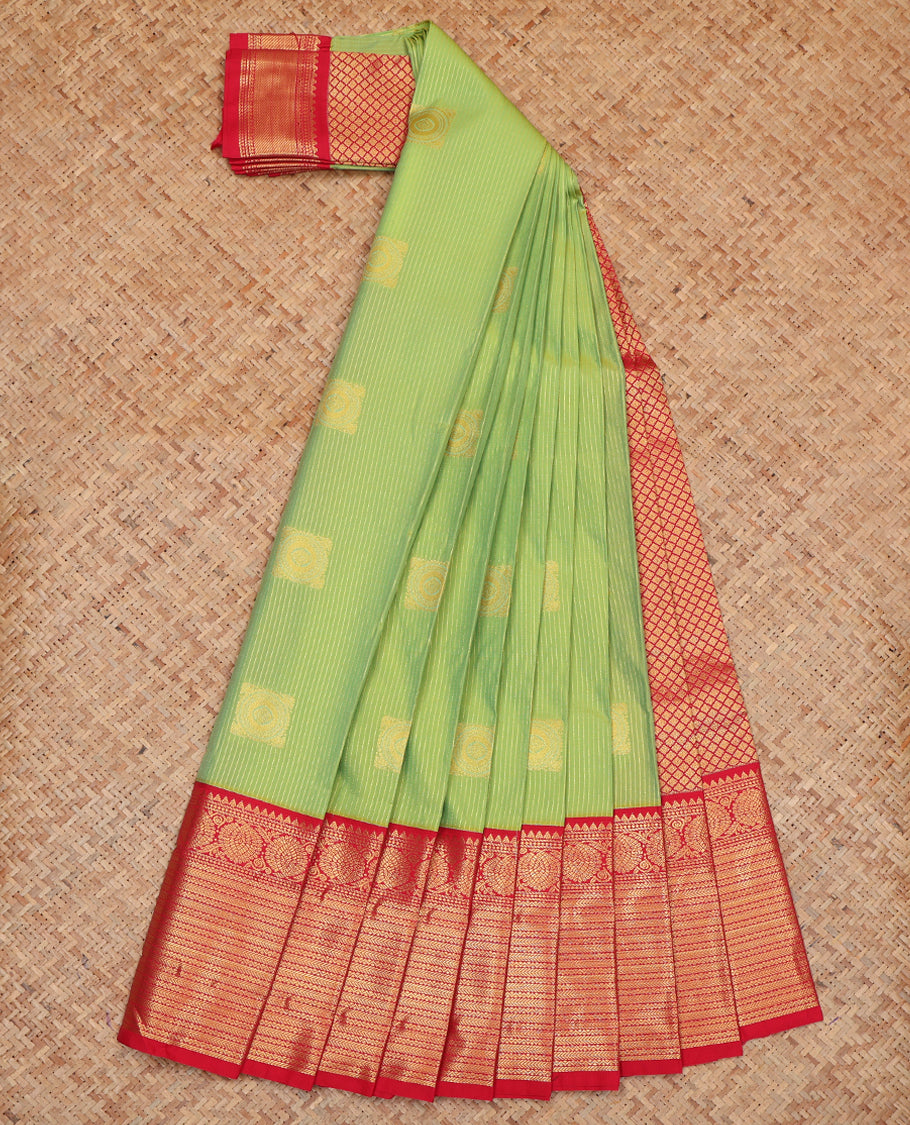 Green Budget Silk Saree, Delicately Woven Zari Buttas and Stripes, Complemented by a Contrast Traditional Zari Border, Grand Jaal Pallu, and Contrast Blouse