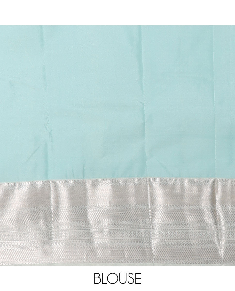 Blue zari buttas gift saree, contrast traditional zari design border, and vertical zari striped pallu