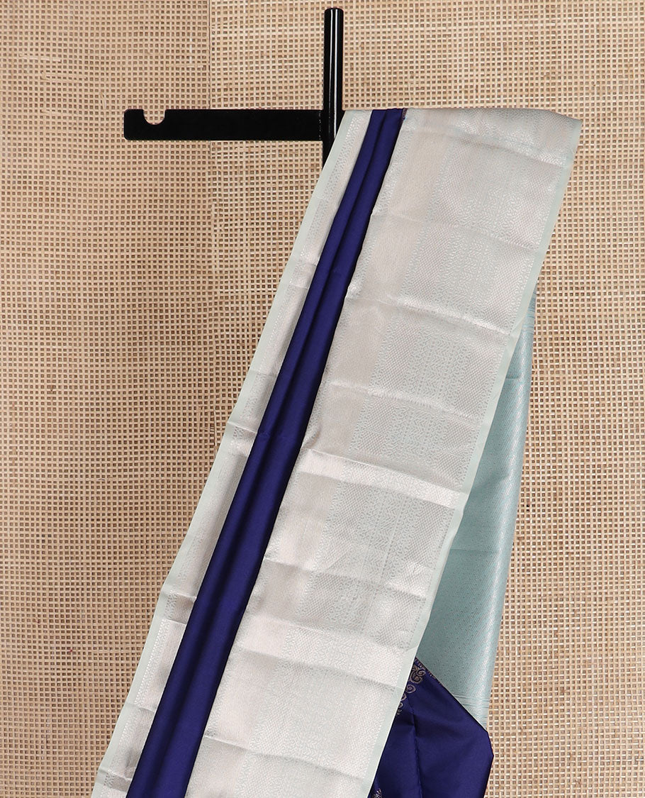 Blue zari buttas gift saree, contrast traditional zari design border, and vertical zari striped pallu