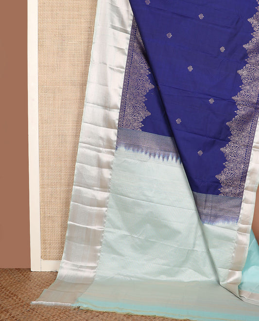 Blue zari buttas gift saree, contrast traditional zari design border, and vertical zari striped pallu