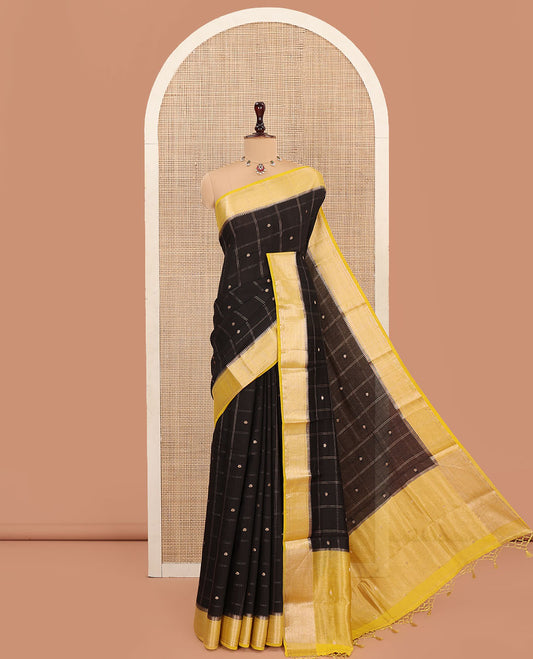Black Assam Silk Saree, Detailed with Zari Butta Enclosed Checked Design, Complemented by Contrast Zari Border of Traditional Designs, Pallu Features Zari Designs, and Paired with a Contrast Blouse