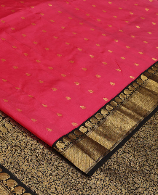 Pink zari buttas Bangalore silk saree, contrast traditional zari woven border, and floral jaal pallu