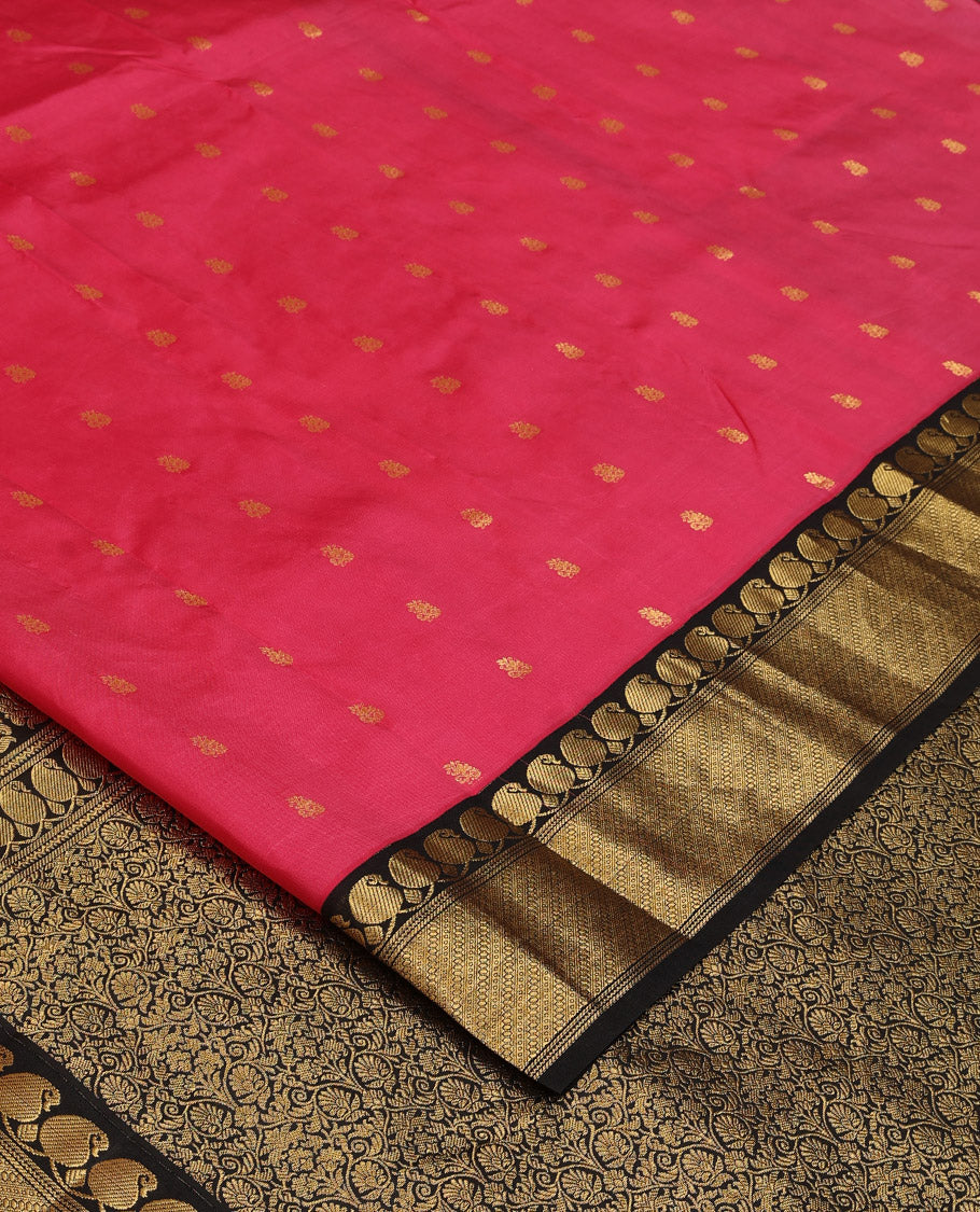 Pink zari buttas Bangalore silk saree, contrast traditional zari woven border, and floral jaal pallu