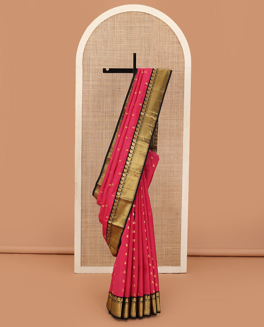 Pink zari buttas Bangalore silk saree, contrast traditional zari woven border, and floral jaal pallu