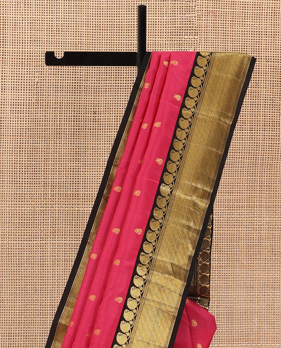 Pink zari buttas Bangalore silk saree, contrast traditional zari woven border, and floral jaal pallu